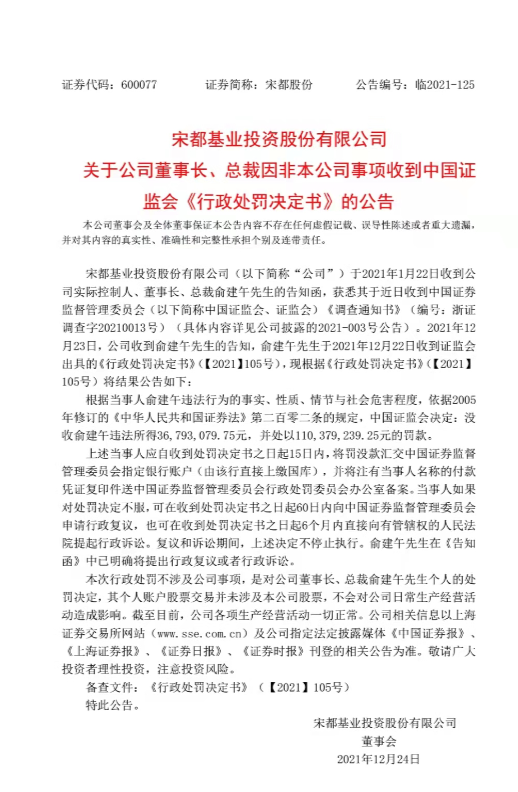 突發！宋都股份實控人因內幕交易被罰1.1億元 公司回應：股票交易與公司無關
