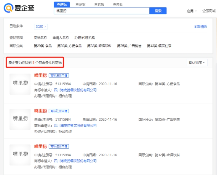 愛企查顯示，海底撈成功注冊多個“嘴里撈”商標